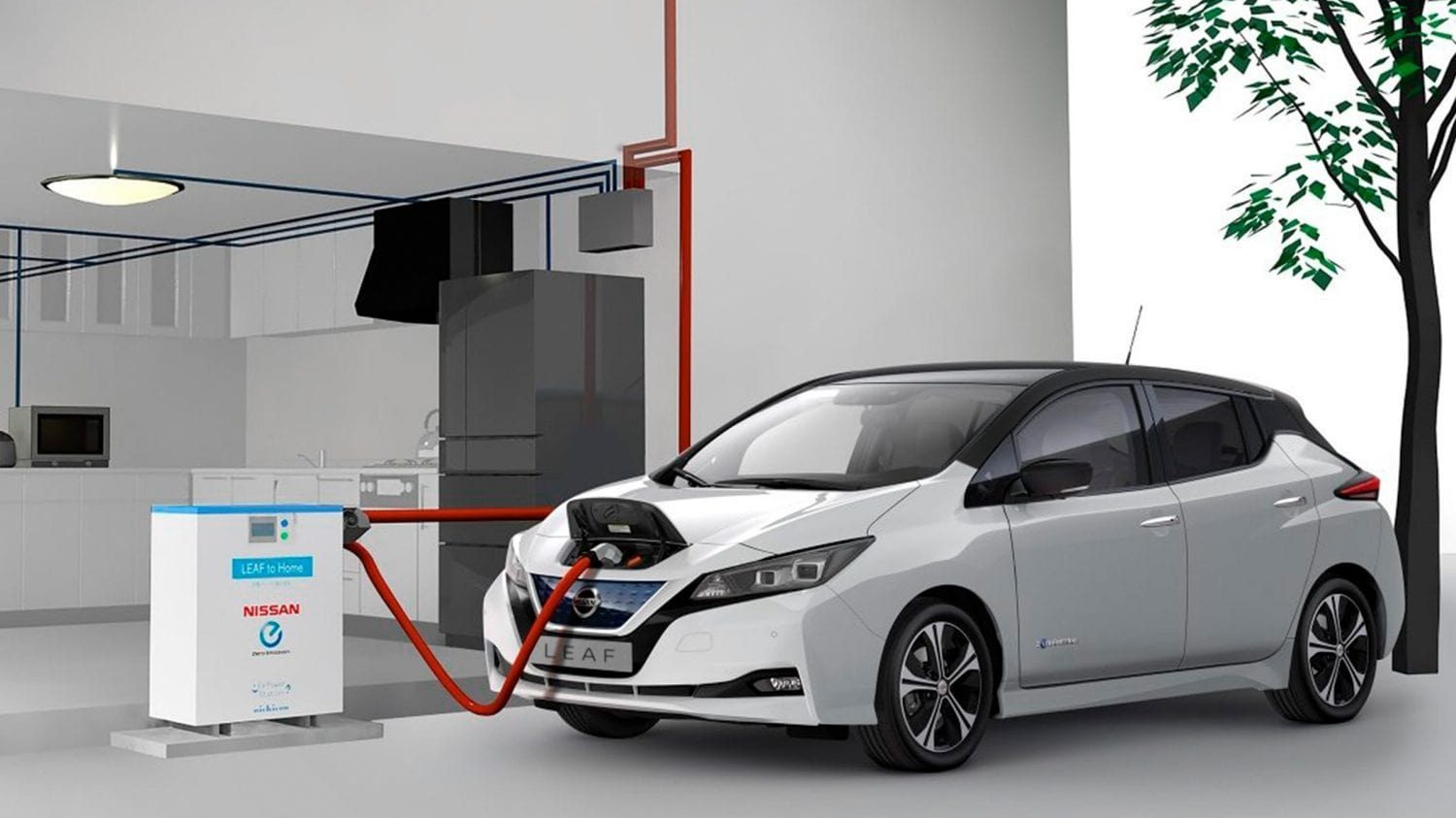 Nissan LEAF plugged into a vehicle to home system