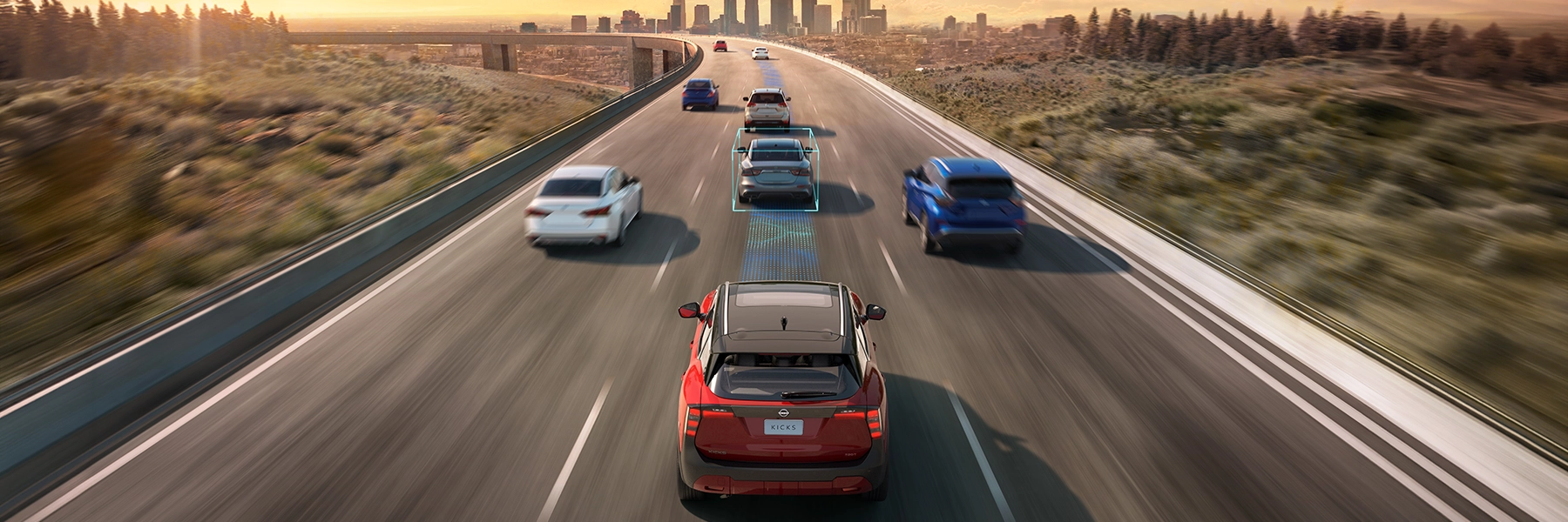 SUV compacto Nissan Kicks equipado com a tecnologia Nissan Intelligent Mobility e assistente de condução ProPILOT para monitorização de tráfego e segurança ativa na estrada.