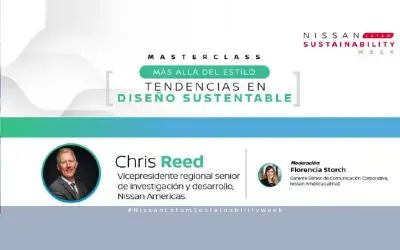 Banner de evento sobre design sustentável da Nissan Latam. Apresenta os palestrantes Chris Reed e Florencia Storch, com seus títulos e fotos.