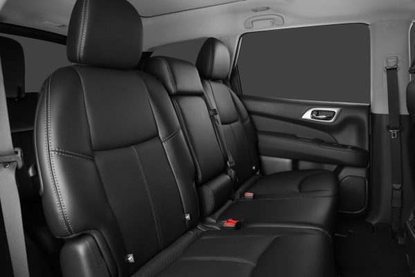 Nissan Pathfinder sliding seats, showing EZ flex seating system with easy access to third row