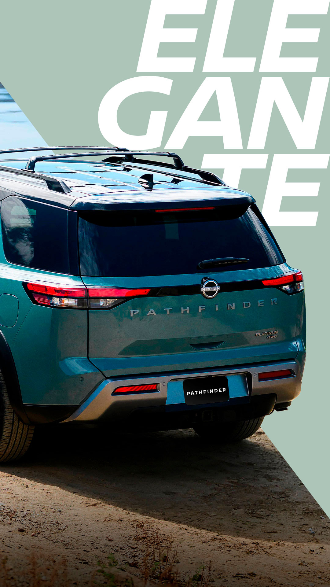Diseño exterior del baúl de la nueva Nissan Pathfinder con vista al lago