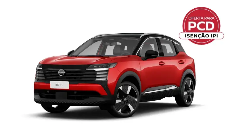 Nissan Kicks Platinum vermelho com teto preto com selo PCD isenção de IPI