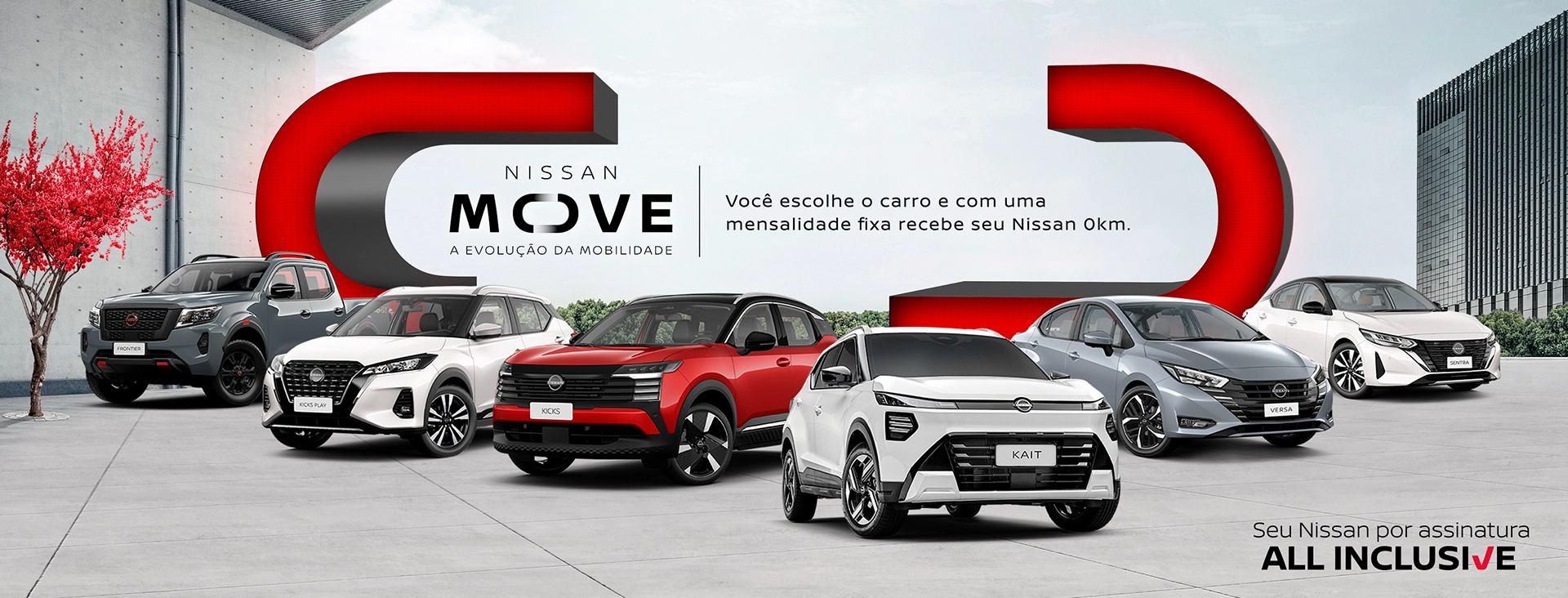 Banner do serviço Nissan Move apresentando a linha de veículos: Frontier, Kicks, KAIT, Versa e Sentra. Texto: 