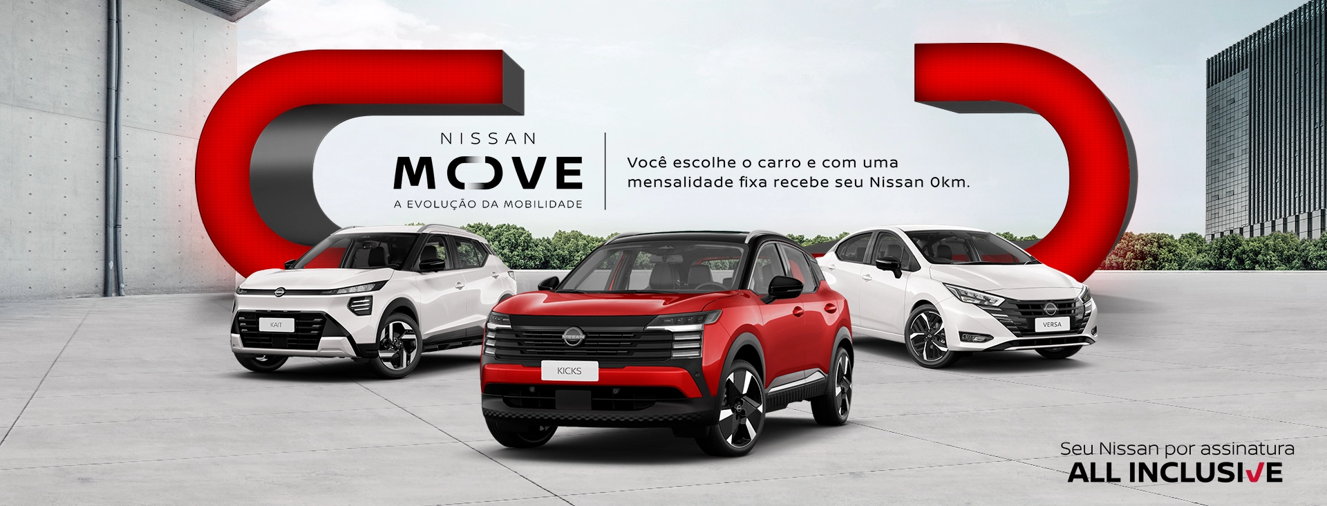 Banner do serviço Nissan Move apresentando a linha de veículos: Kait, Kicks e Versa. Texto: 