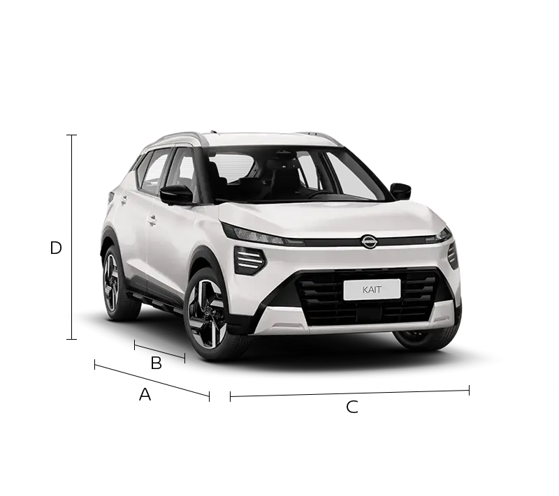 Infográfico das medidas externas do Nissan KAIT branco. O diagrama usa letras para indicar as dimensões do SUV: (A) comprimento, (B) distância entre eixos, (C) largura e (D) altura.