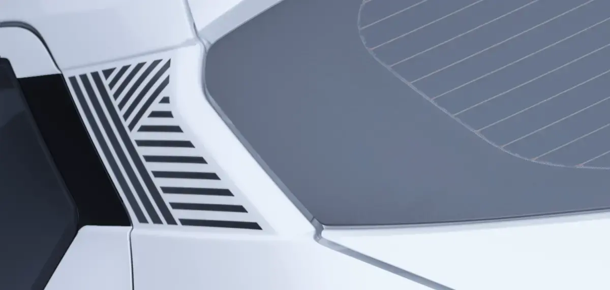 Close-up do Pilar C (traseiro) do Nissan KAIT. Detalhe de acabamento preto brilhante.