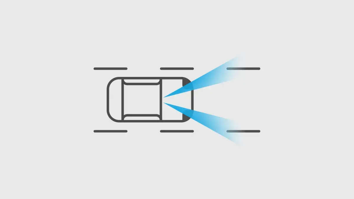 Diagrama: Carro visto de cima. Cones azuis projetados para a frente indicam alerta ou assistência de permanência na faixa.