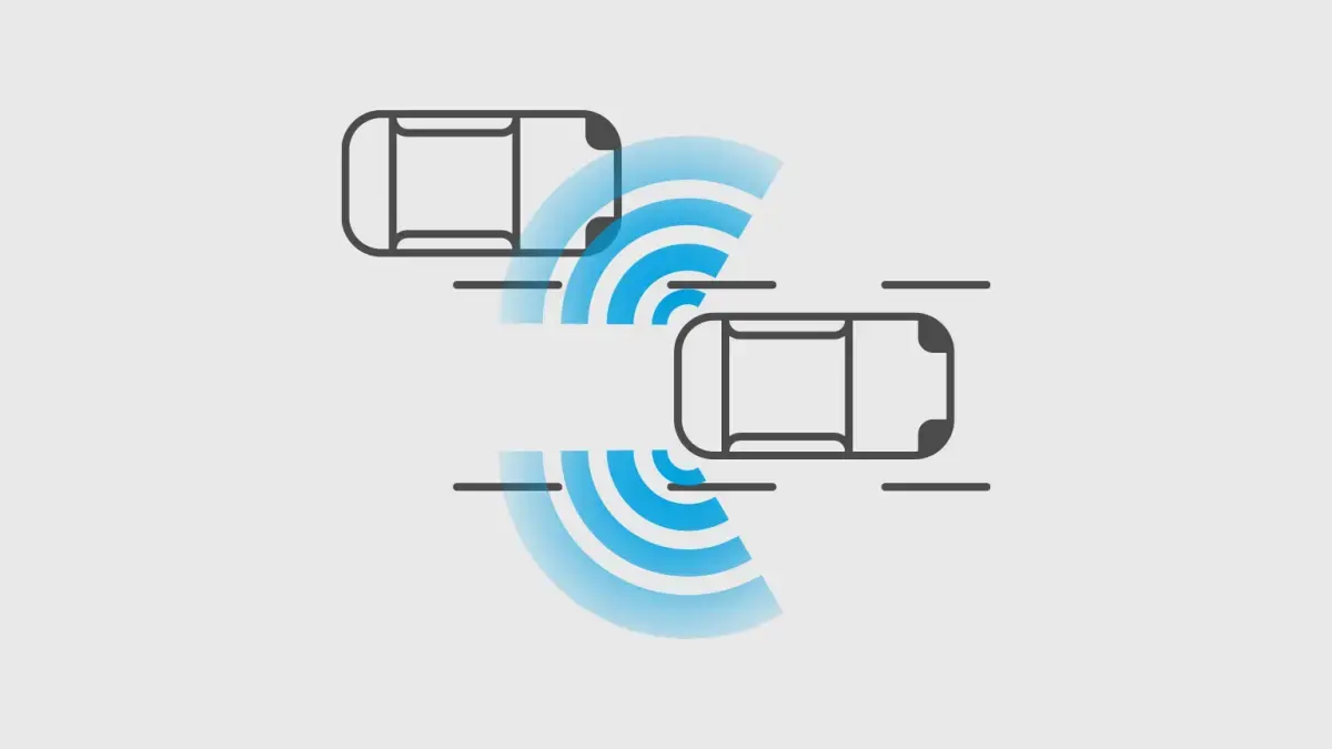 Diagrama: Dois carros lado a lado na estrada. Ondas azuis entre eles representam a detecção de veículo no ponto cego.