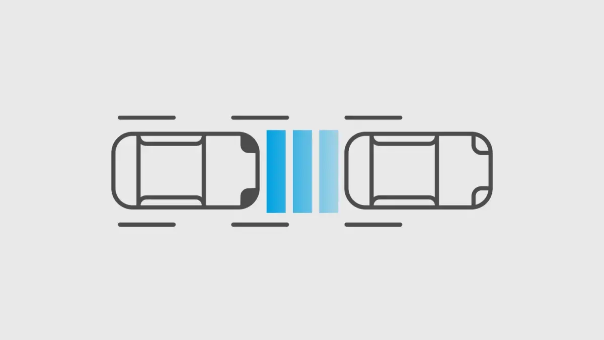 Diagrama: Dois carros em faixas diferentes. Barras azuis verticais entre eles representam o controle de distância adaptativo (cruzeiro inteligente).