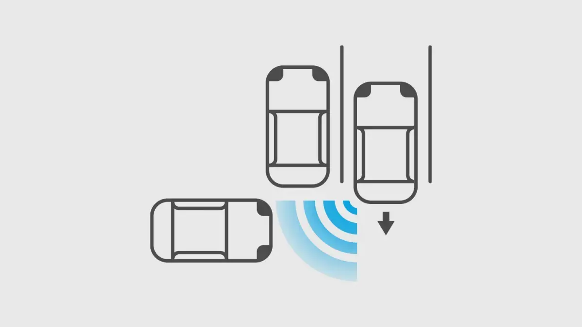 Diagrama: Carro saindo de vaga. Ondas azuis e seta para baixo indicam detecção de tráfego cruzado traseiro.