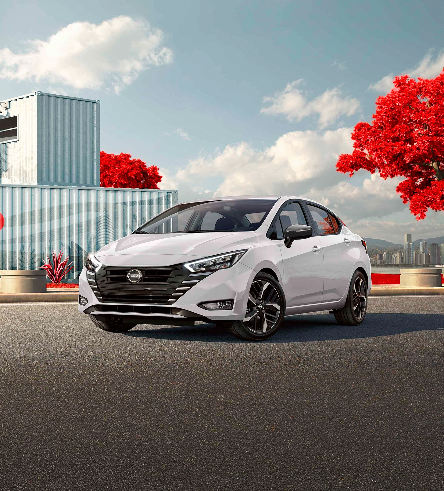 Carro Nissan Versa em um ambiente moderno, destacando a estética urbana e elementos arquitetônicos contemporâneos.