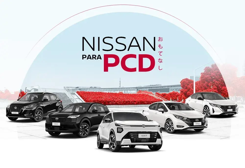 Imagem promocional da Nissan para PCD, destacando os modelos Versa, Kicks, Sentra e Kait, oferecendo veículos adaptados para pessoas com deficiência.