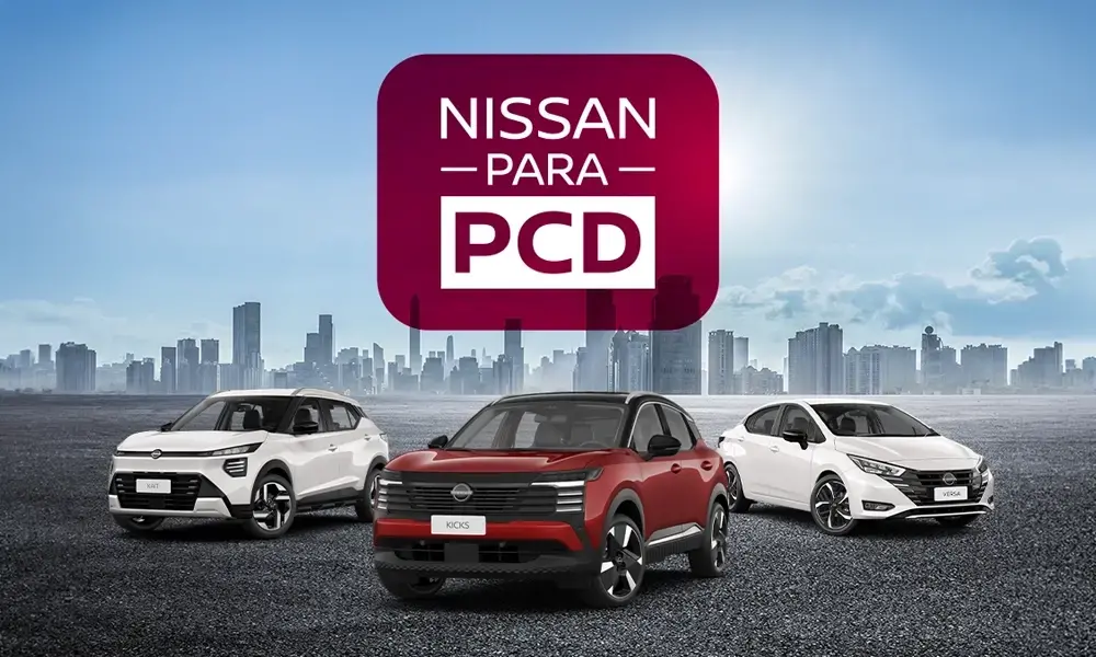 Veículos Nissan para PCD, mostrando os modelos Kicks, Versa e Kait com destaque para a ideia de inclusão e acessibilidade.
