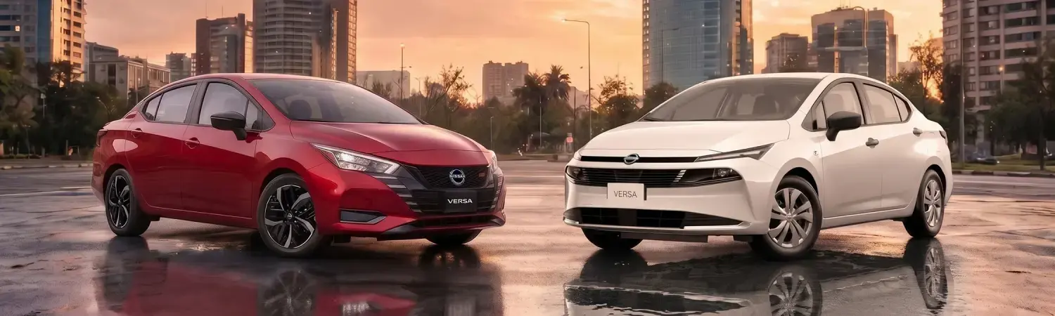Nissan Versa 2025 rojo y Nissan Versa 2027 blanco frente a frente en una comparativa de ambas generaciones.
