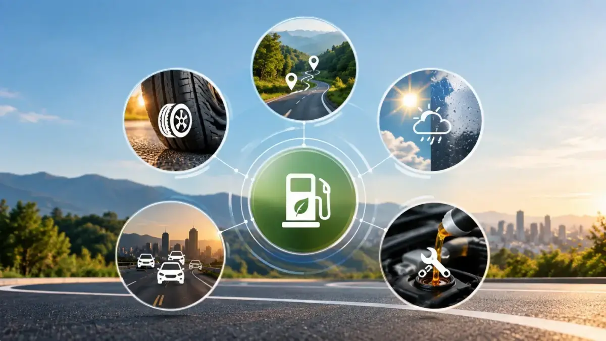 Infografía de los factores que influyen en el consumo de combustible: llantas, ruta, clima, tráfico y mantenimiento del motor