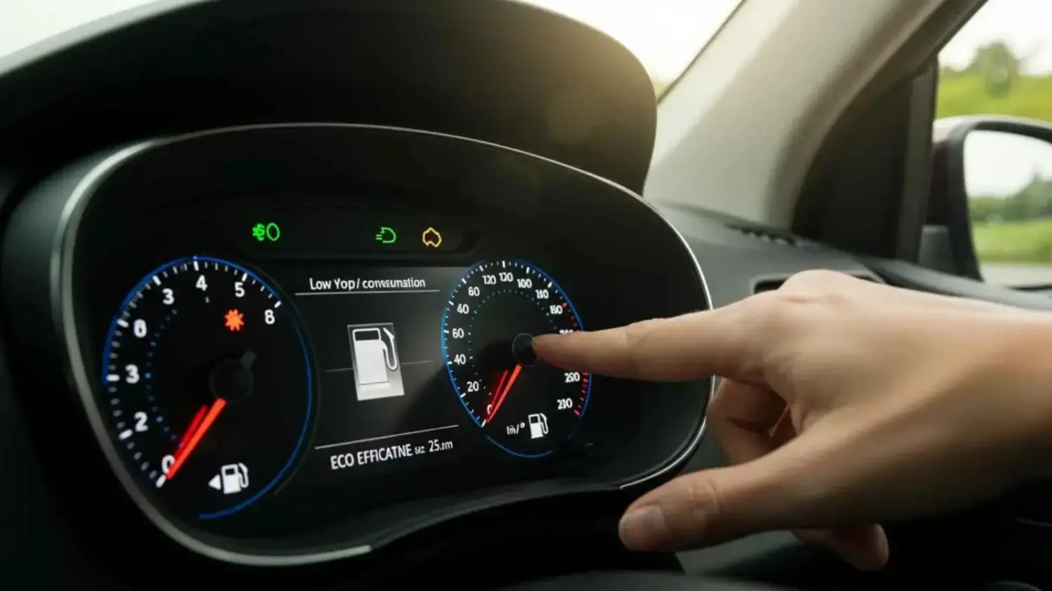 Mano señalando el indicador de consumo de combustible en el tablero de un carro
