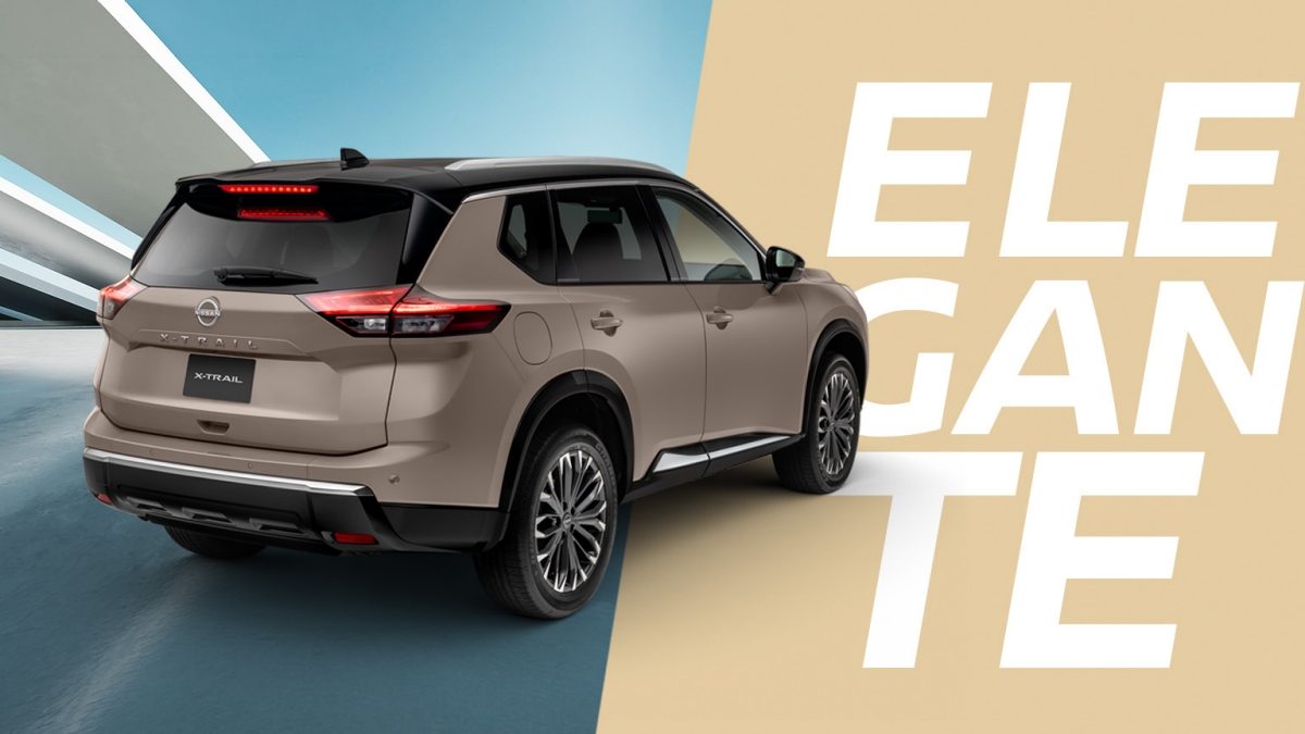 Vista lateral de camioneta SUV Nissan X-Trail 2027 con mujer caminando.