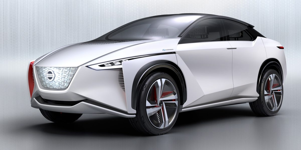 Nissan IMx concept car exterior 3/4 front in light gray studio