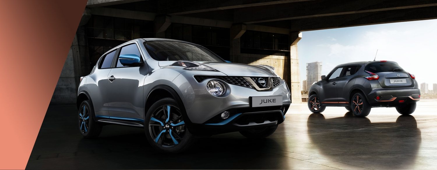 Новый Nissan JUKE, вид спереди с поворотом на 3/4 и вид сзади с поворотом на 3/4