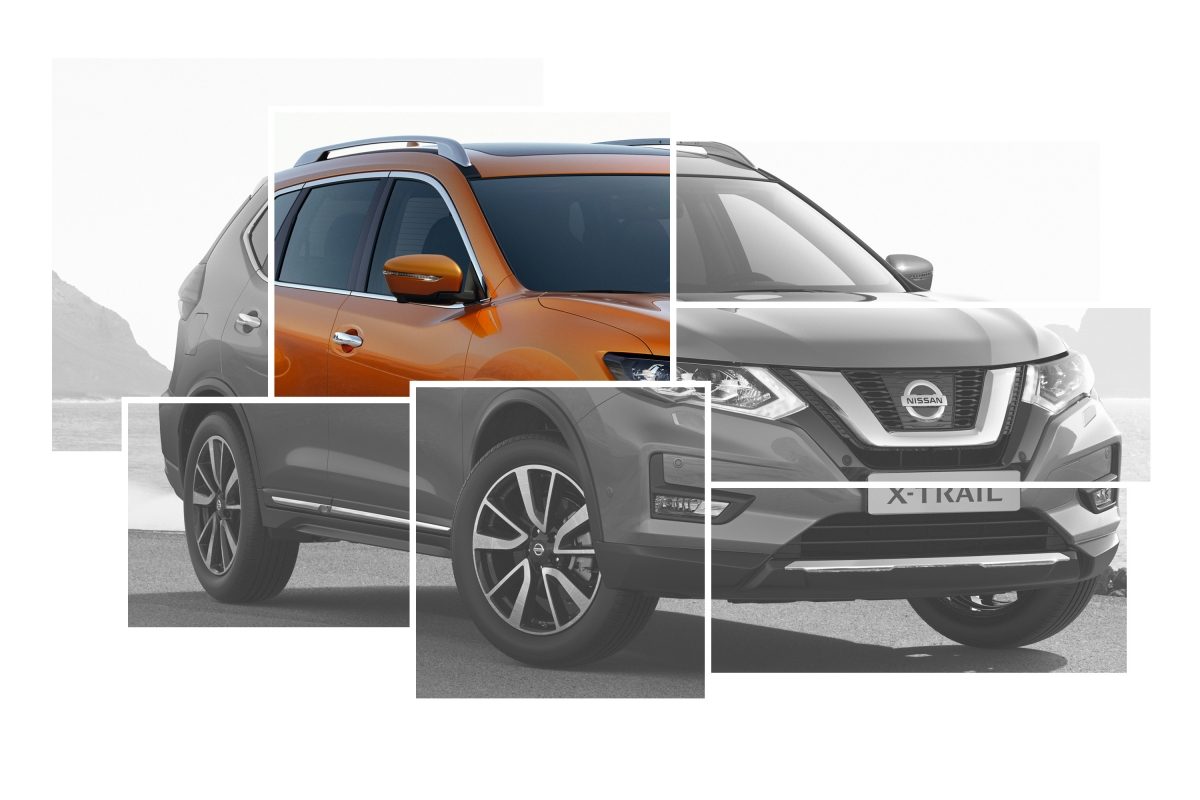 Коллаж с изображениями элементов внешнего дизайна Nissan X-TRAIL с акцентом на автоматически складывающихся зеркалах