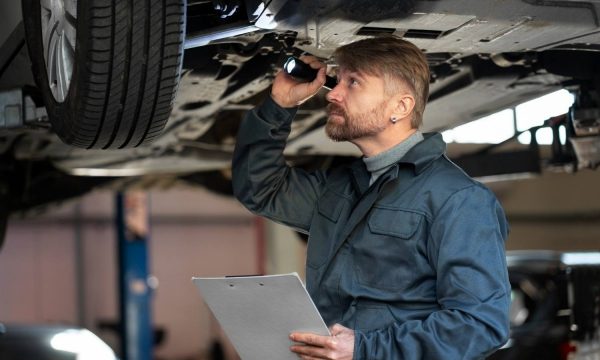 Mecánico revisando y supervisando el mantenimiento de un vehículo