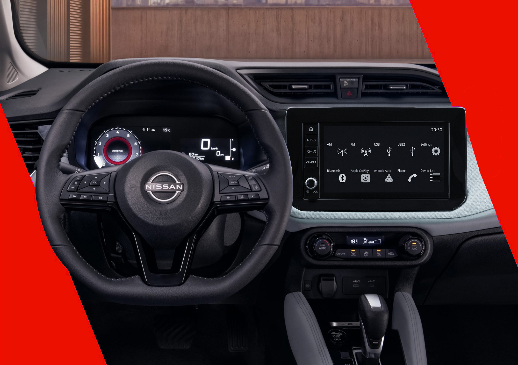 Tablero de All New Versa con botones de conectividad de NissanConnect® Services
