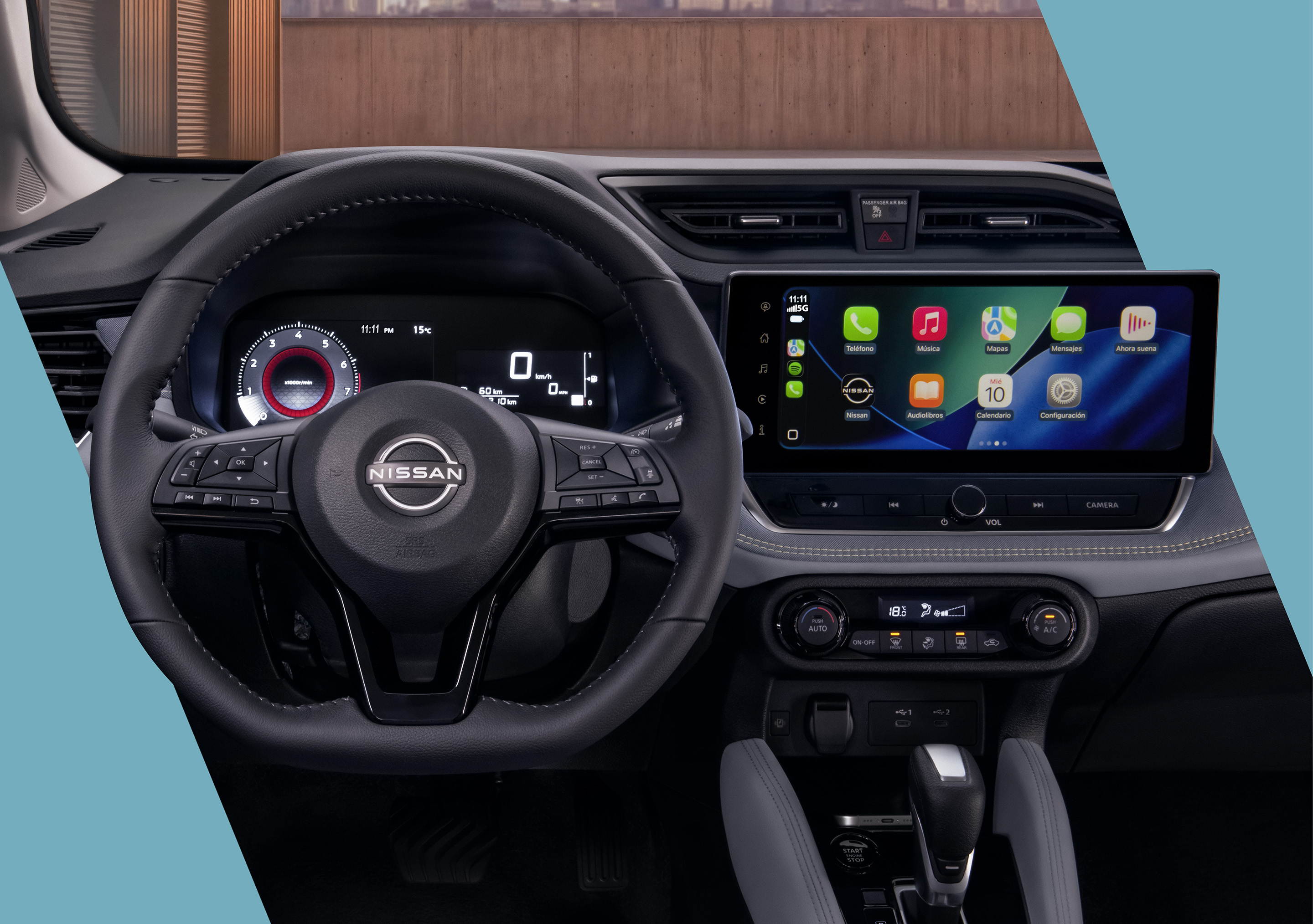 Tablero de Nissan Versa 2027 con botones de conectividad de NissanConnect® Services